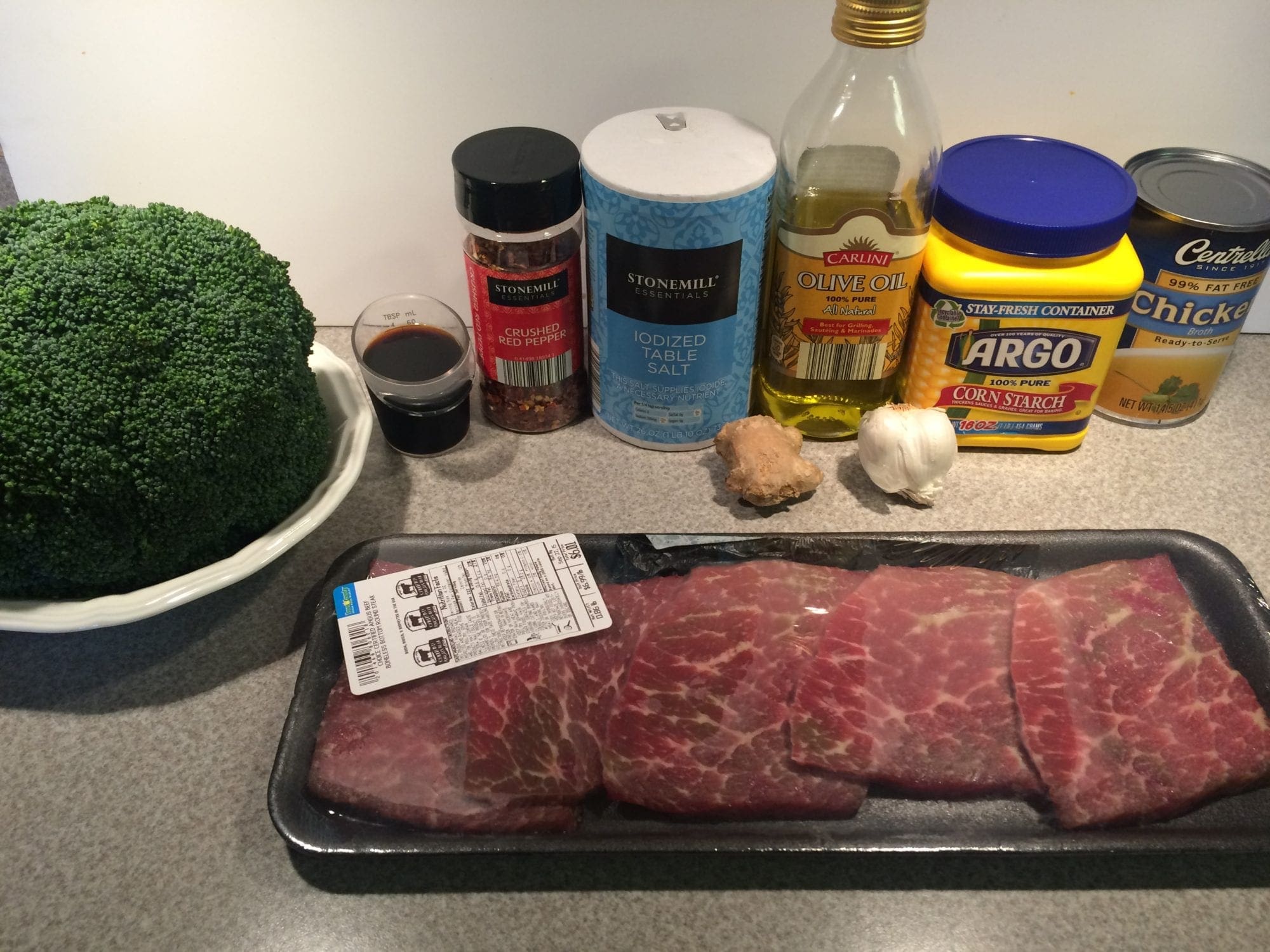 Simple ingredients for a delicious beef and broccoli stir fry recipe.