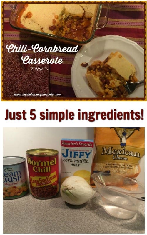 You only need 5 simple ingredients to make this delicious Chili Cornbread Casserole - Jiffy corn muffin mix, hormel chili, Mexicorn, onion, and cheese.