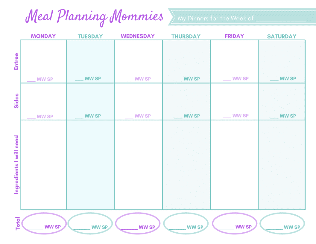 Weight Watcher meal plans with smart points printable