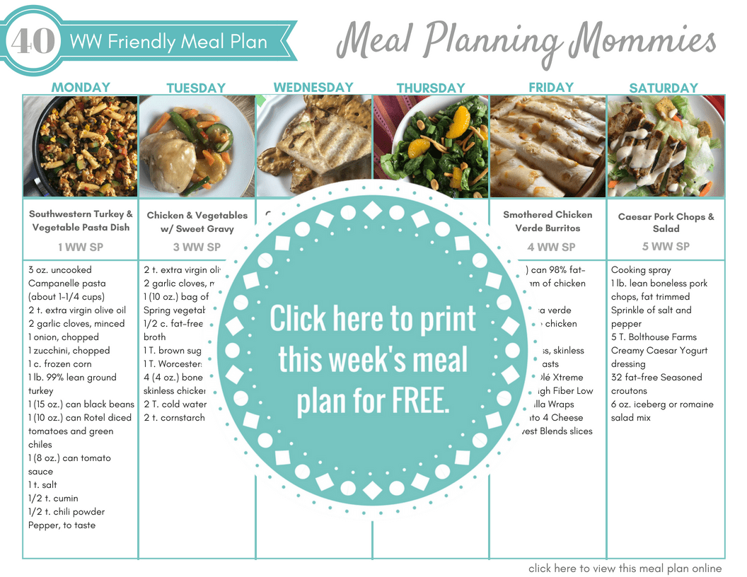 Click here to print this week's Weight Watchers friendly meal plan page