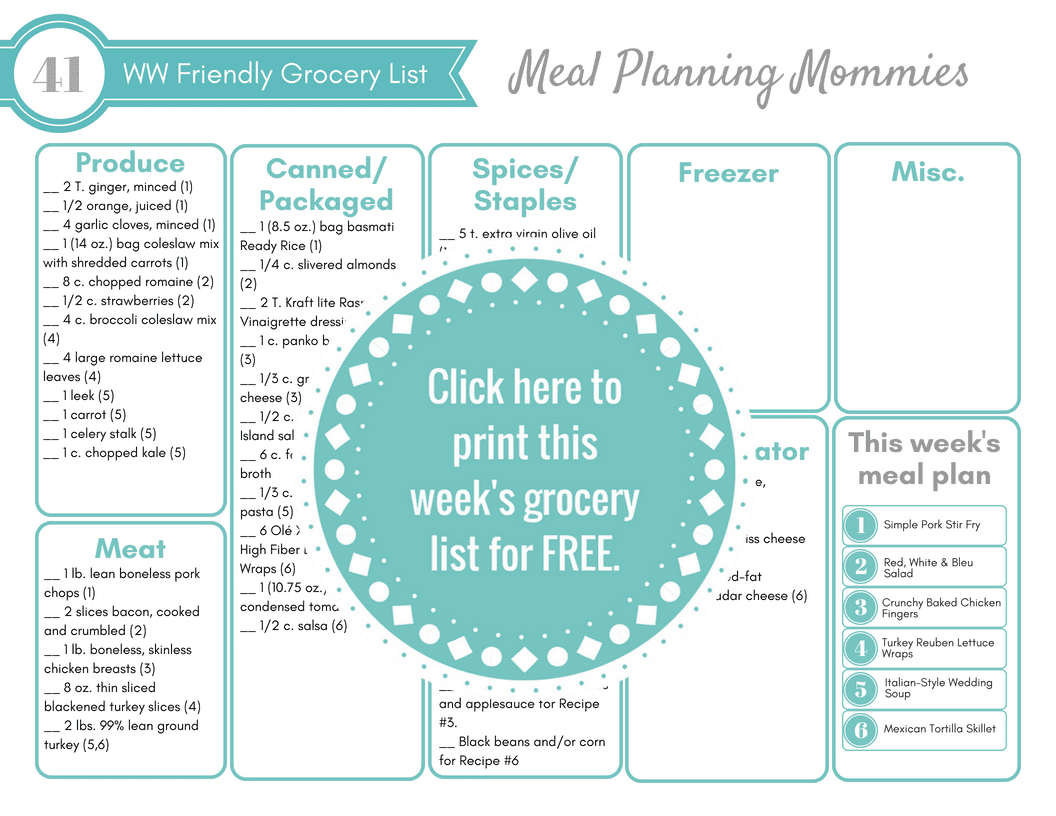 Free Weight Watchers meal plan with Free printable grocery list on Meal Planning Mommies. FreeStyle SmartPoints included with each recipe.