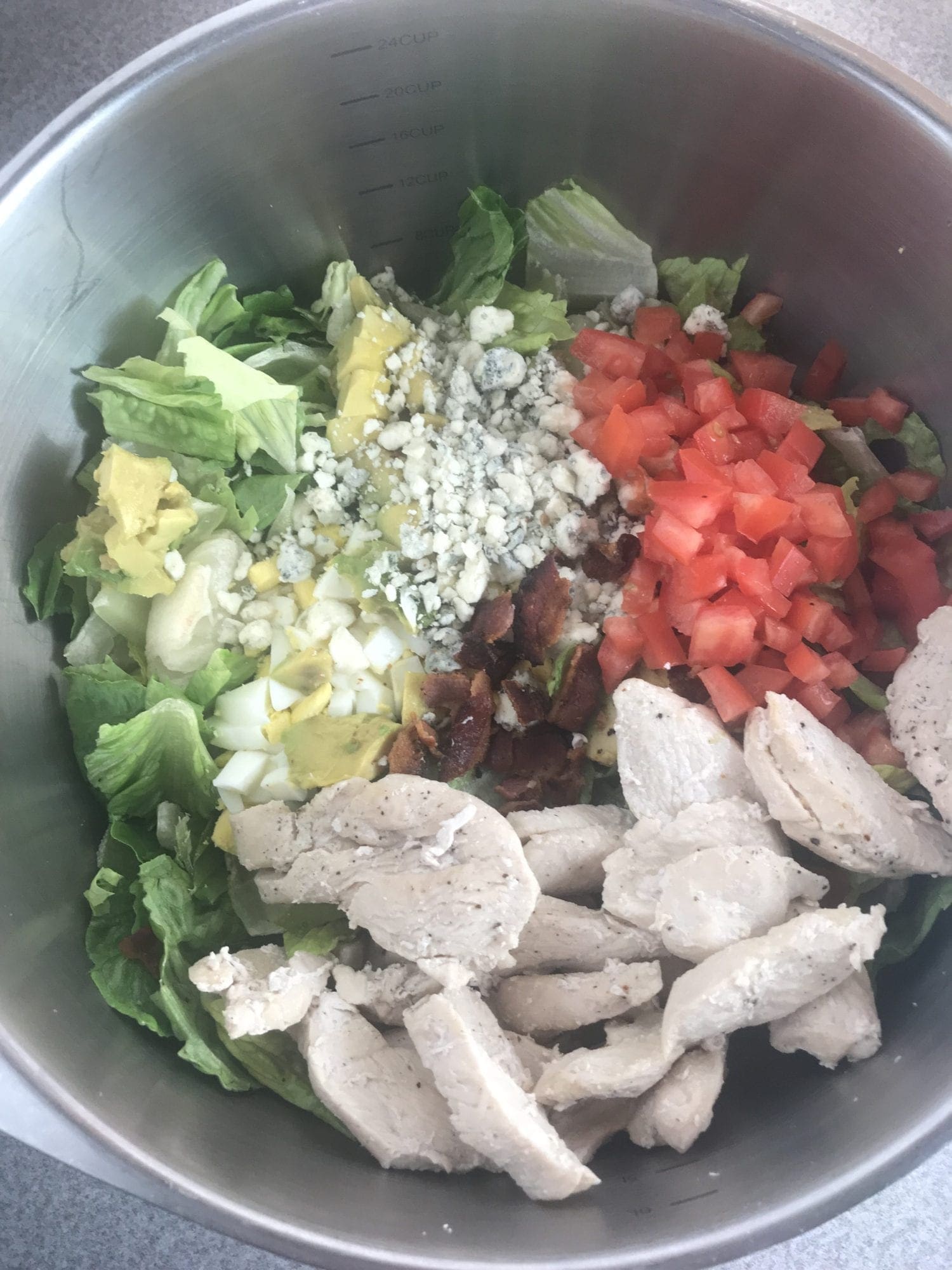 Ingredients for California Cobb salad: Romain, chicken, tomato, bacon, blue cheese, blue cheese dressing, and avocado 
