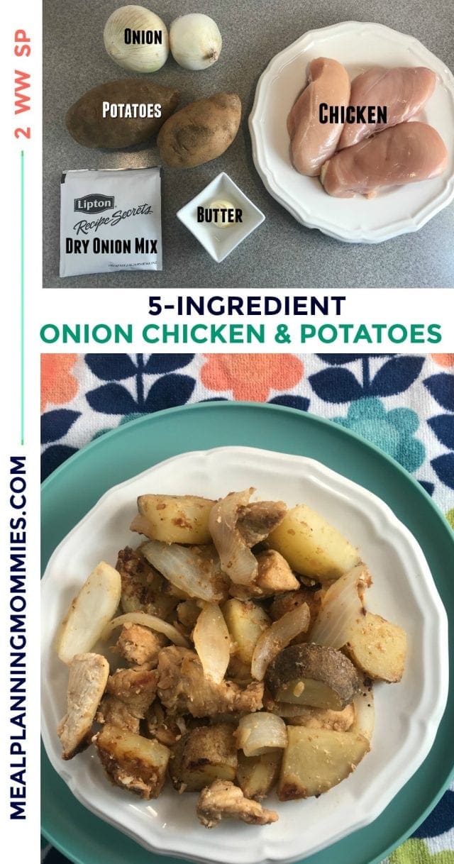 This quick and easy Onion Chicken and Potatoes recipe only uses 5 ingredients and takes 20 minutes to make. Tastes delicious and is just 2 Weight Watchers FreeStyle Smart Points per serving! -Meal Planning Mommies