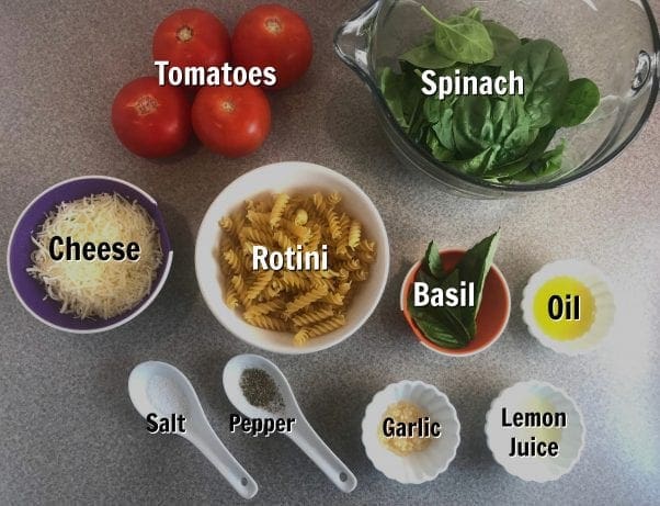 Ingredients for a fresh and delicious Bruschetta Pasta Salad.