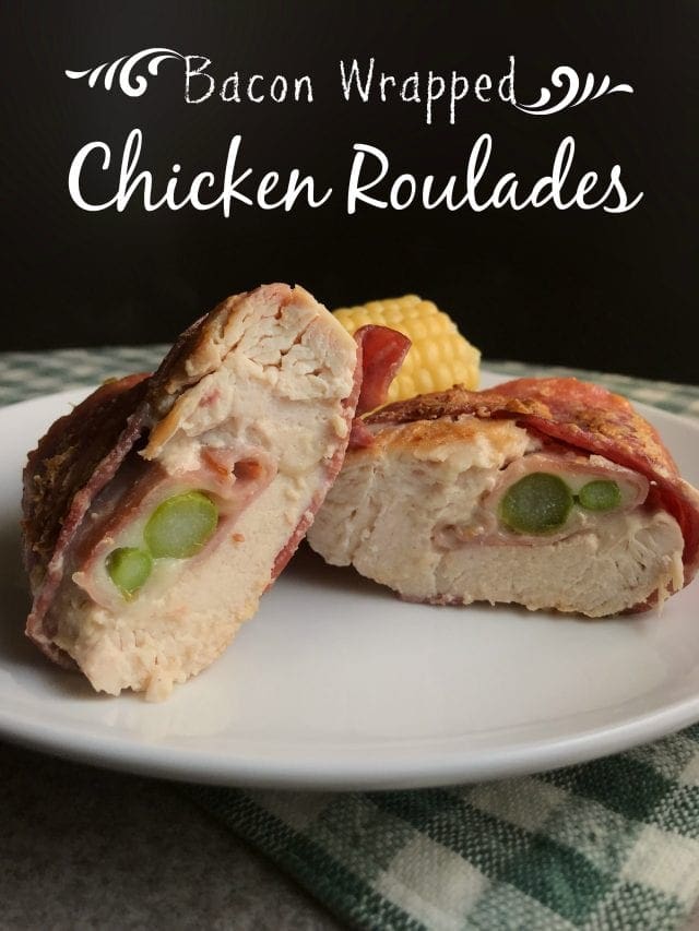These Bacon Wrapped Chicken Roulades are tender chicken breasts wrapped in turkey bacon and stuffed wtih a honey mustard sacue, deli sliced ham, provolone, and asparagus. These things are so yummy!