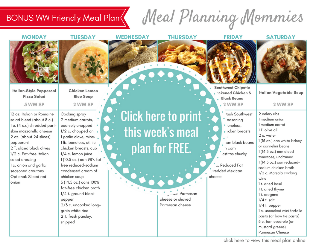 Click here to print this free Weight Watchers friendly meal plan.