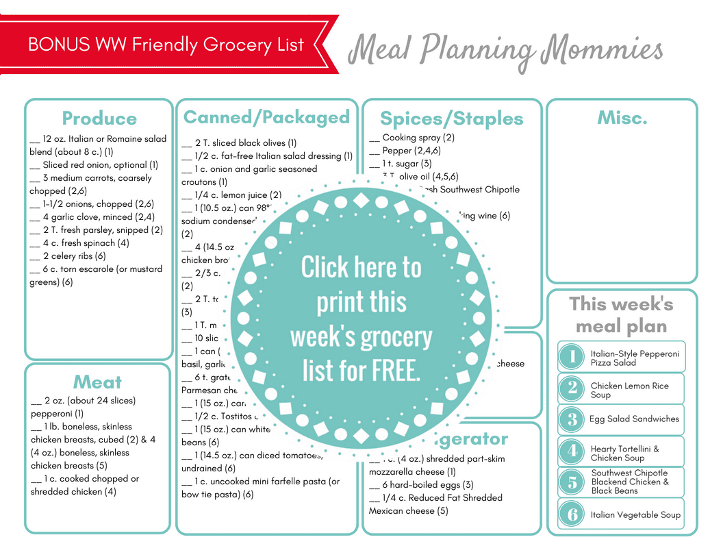 Click here to print this free grocery list that comes with a free meal plan on Meal Planning Mommies. Recipes included.