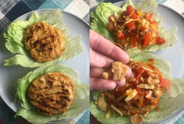 Assemble your Catalina Taco Turkey Burger Lettuce Wraps. Toppings include tomaotes, cheese, crispy onions, and Catalina salad dressing.