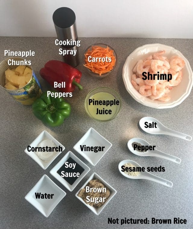 Ingredients for a delicious Sweet and Sour Shrimp Stir Fry on Meal Planning Mommies.