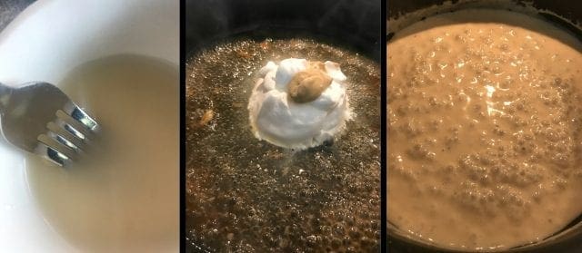 Steps to making a creamy sauce for chicken scappolini - Add cornstarch, sour cream, dijon mustard, and broth.