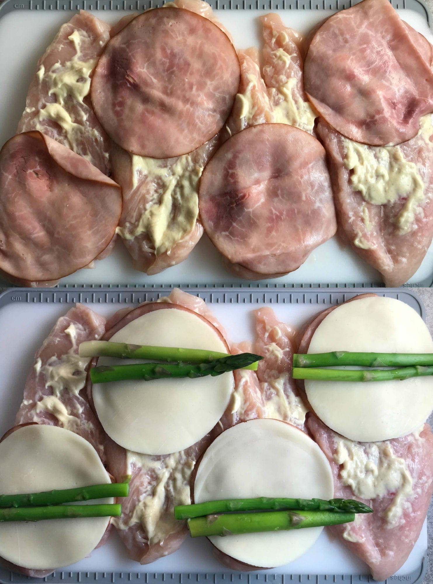 Place ham, cheese, and asparagus on chicken.