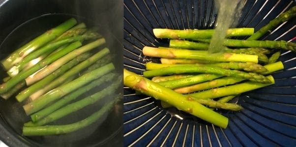 Cook asparagus until crispy tender, about 3 minutes and run under cold water.