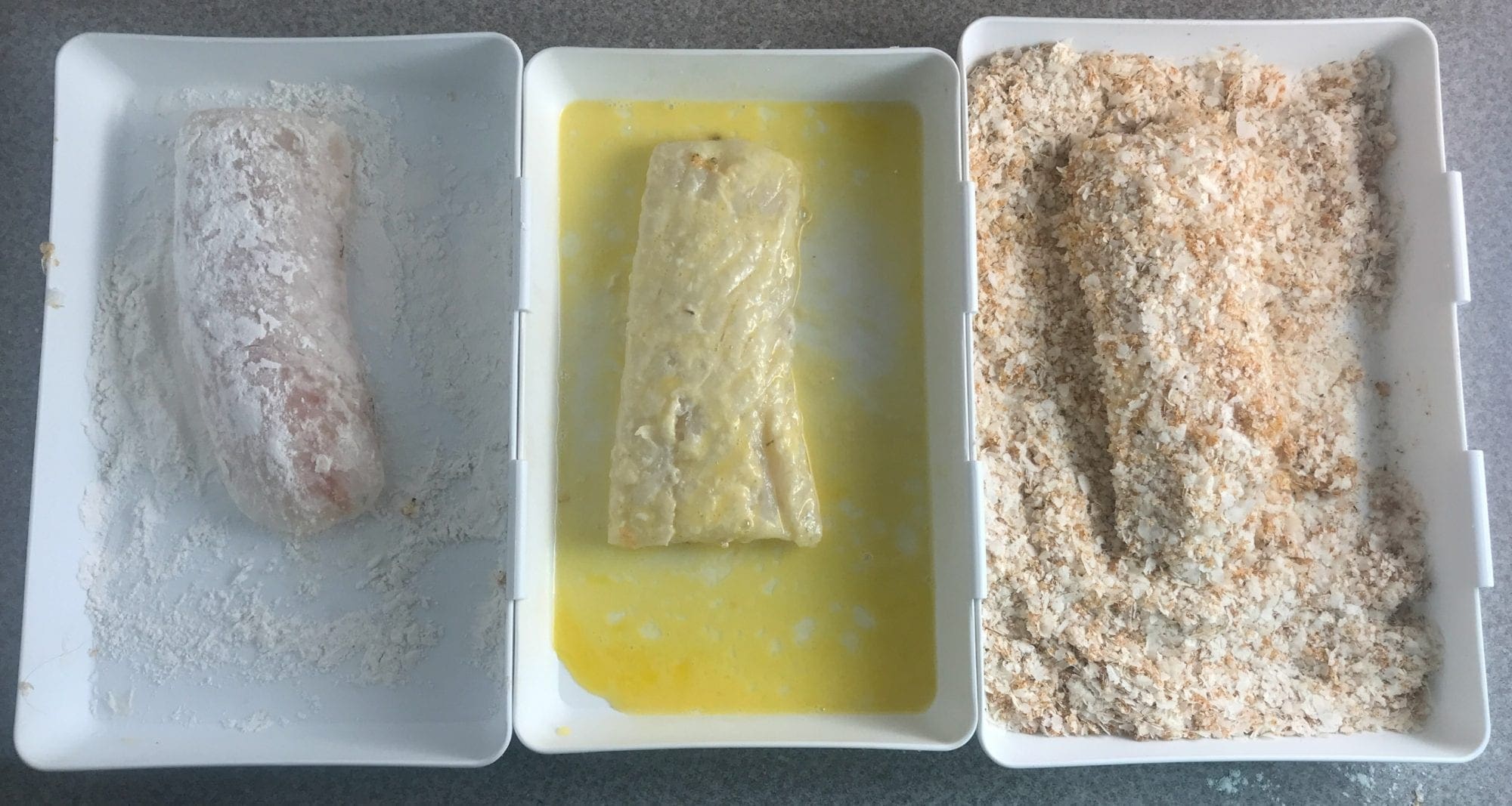Dip cod in flour, then egg, and then a seasoned potato flake mixture.