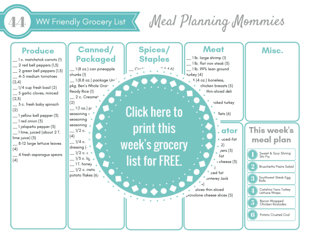 Click here for the free printable grocery list that comes with the Weight Watchers meal plan #44 on Meal Planning Mommies.
