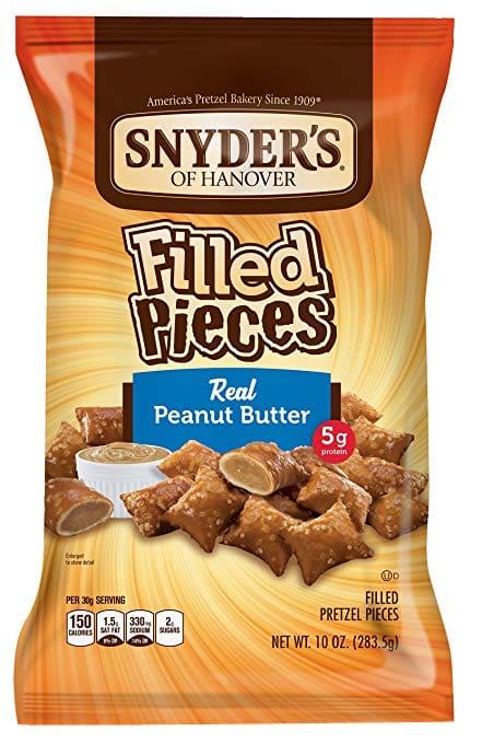 Snyder's of Hanover Filled Pretzel nuggets with real peanut butter. A delicious snack.