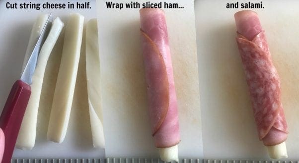 Cut string cheese in half lengthwise and wrap them in ham and salami to make delicious Italian sub snacks.