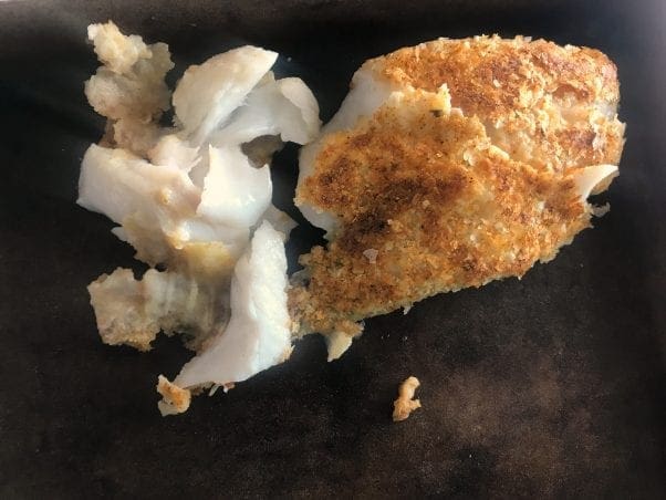 Potato crusted cod falls apart when you try to transfer it with tongs - use a spatula.