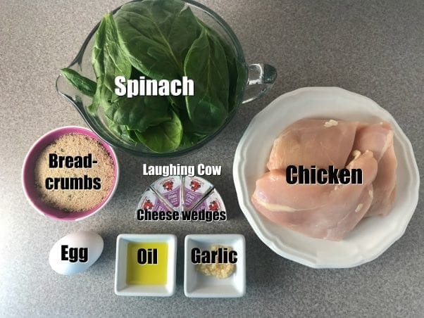 Ingredients to make Spinach Stuffed cheesy chicken breasts.