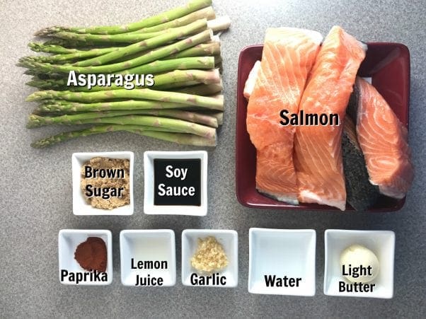 Ingredients for delicious Garlic Brown Sugar Salmon and Asparagus on Meal Planning Mommies - Just 3 WW FreeStyle Smart Points per serving.