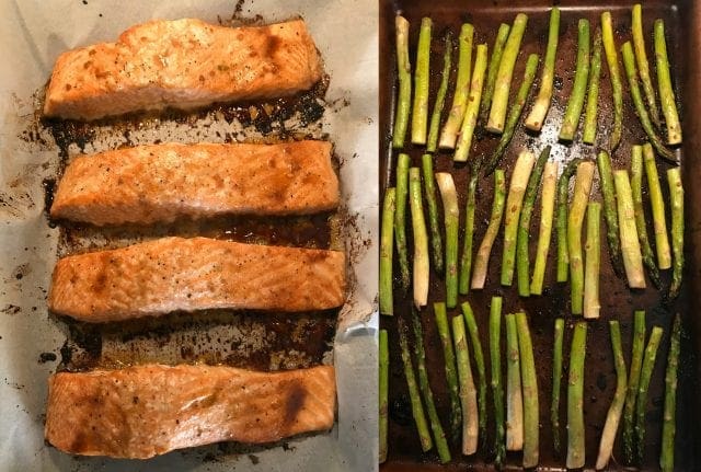 Beautiful and delicious. This brown sugar/garlic salmon and asparagus is amazing! Just 3 WW FreeStyle Smart Points per serving.