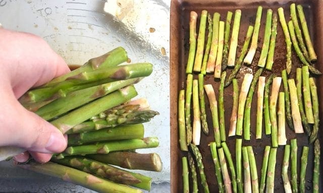 Toss the asparagus in the brown sugar/garlic mixture and bake in the oven for 15 minutes at 400 degrees.