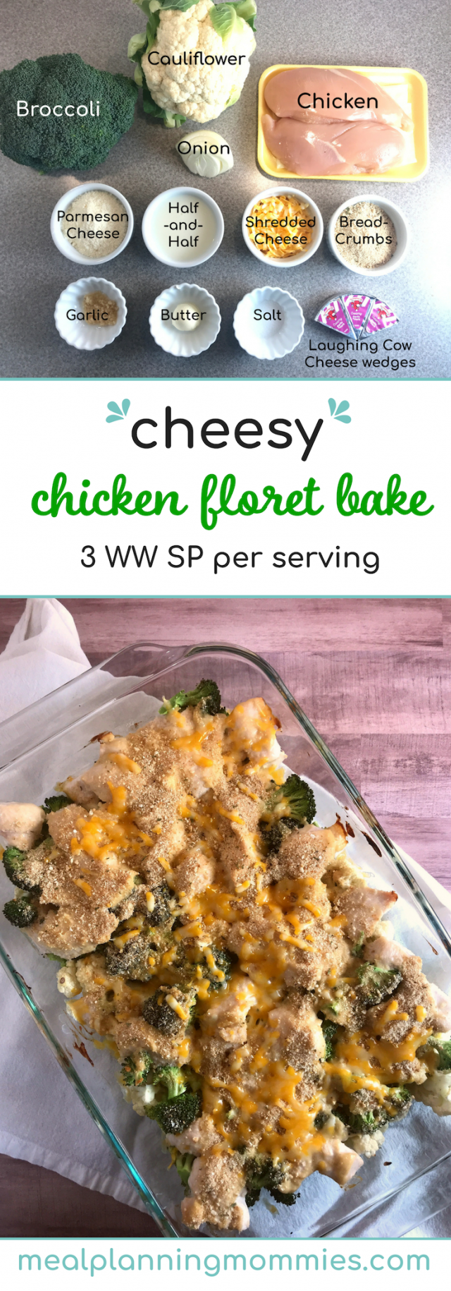 This Cheesy Chicken Floret Bake uses broccoli, cauliflower, rich cheesy sauce, and chicken. Just 3 WW FreeStyle SmartPoints per serving!