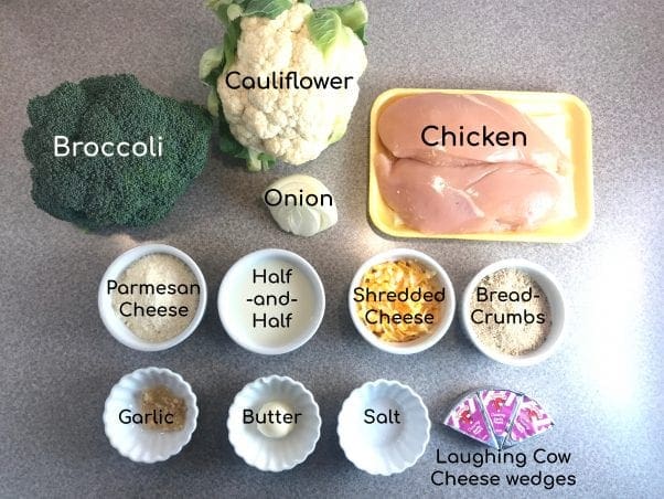 Ingredients to make a Cheesy Chicken Floret (broccoli and cauliflower) Bake - Just 3 WW FreeStyle SP per serving.