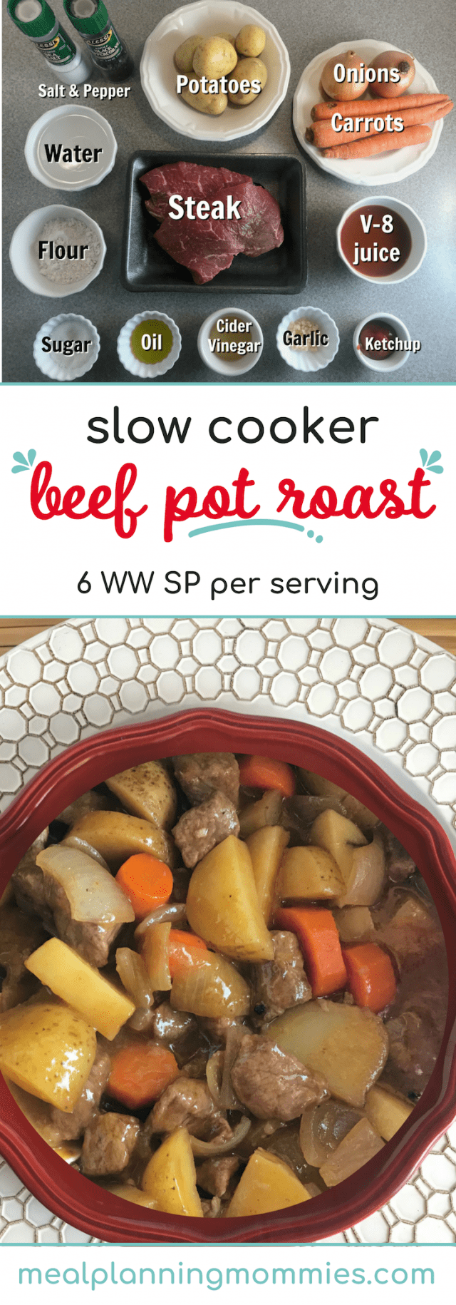 This beef pot roast takes steak, potatoes, carrots, and onions and slow cooks them in a tomato sauce until the meat and veggies are good and tender. It's a simple comfort food that is only 6 WW FreeStyle Smart Points per serving!