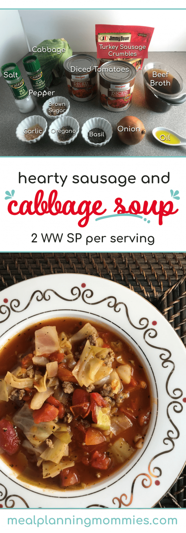 Hearty sausage and cabbage soup on Meal Planning Mommies - Just 2 WW FreeStyle SP per serving!