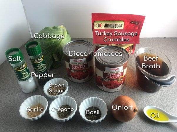 Ingredients to make a simple and delicious Sausage and Cabbage Soup - Just 2 WW SP per serving!