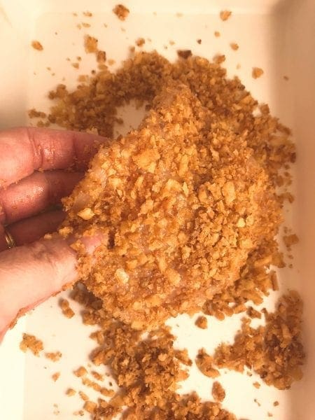 Crispy chicken made using crushed french fried onions.