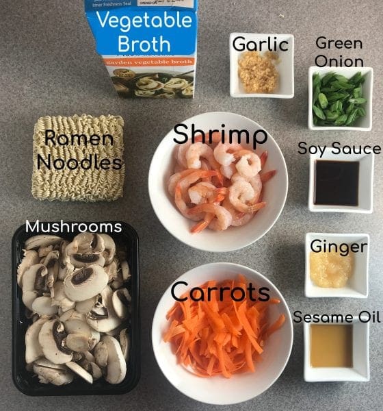 Simple ingredients for a delicious Shrimp and Ramen Asian-style Soup! Delicious!