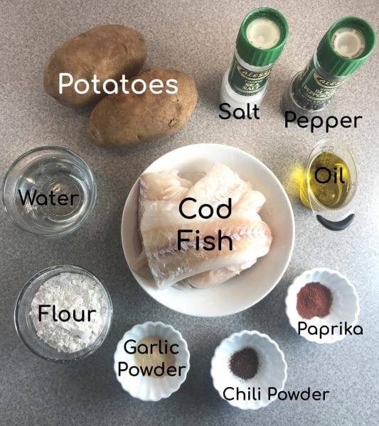 Ingredients for healthy battered cod fish and chips, perfect for anyone on the WW (Weight Watchers) program. Just 6 WW FreeStyle SmartPoints per battered fish fillet and 1.3 ounces of fries.!