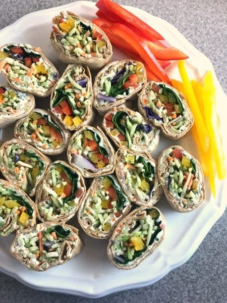 Great WW Super Bowl Party snack: Rainbow Ranch and Veggie Pinwheels