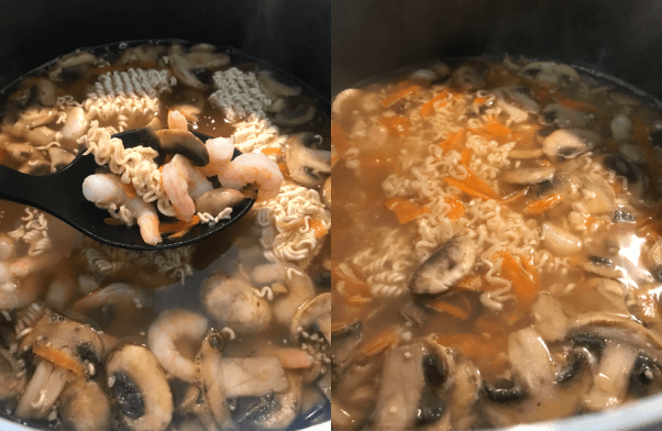 Cook Ramen noodles and shrimp in boiling broth for 3 minutes for tender noodles and shrimp.
