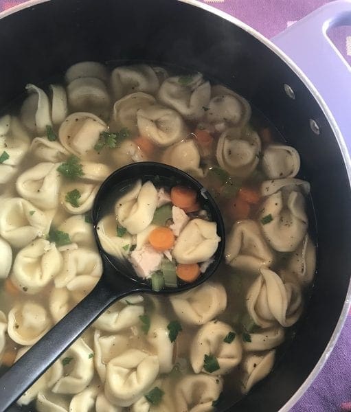 Delicious chicken and tortellini soup similar to chicken noodle soup.