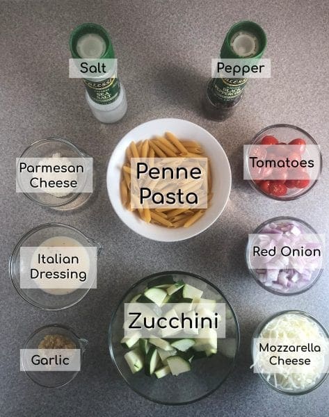 Simple ingredients to make Italian penne and veggies from the Meal Planning Mommies blog.