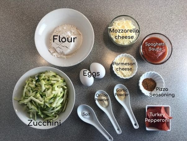 Simple ingredients for delicious zucchini crust pepperoni pizza on Meal Planning Mommies