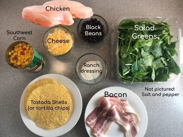 Ingredients for delicious Southwest Chicken Bacon and Ranch salad on Meal Planning Mommies.