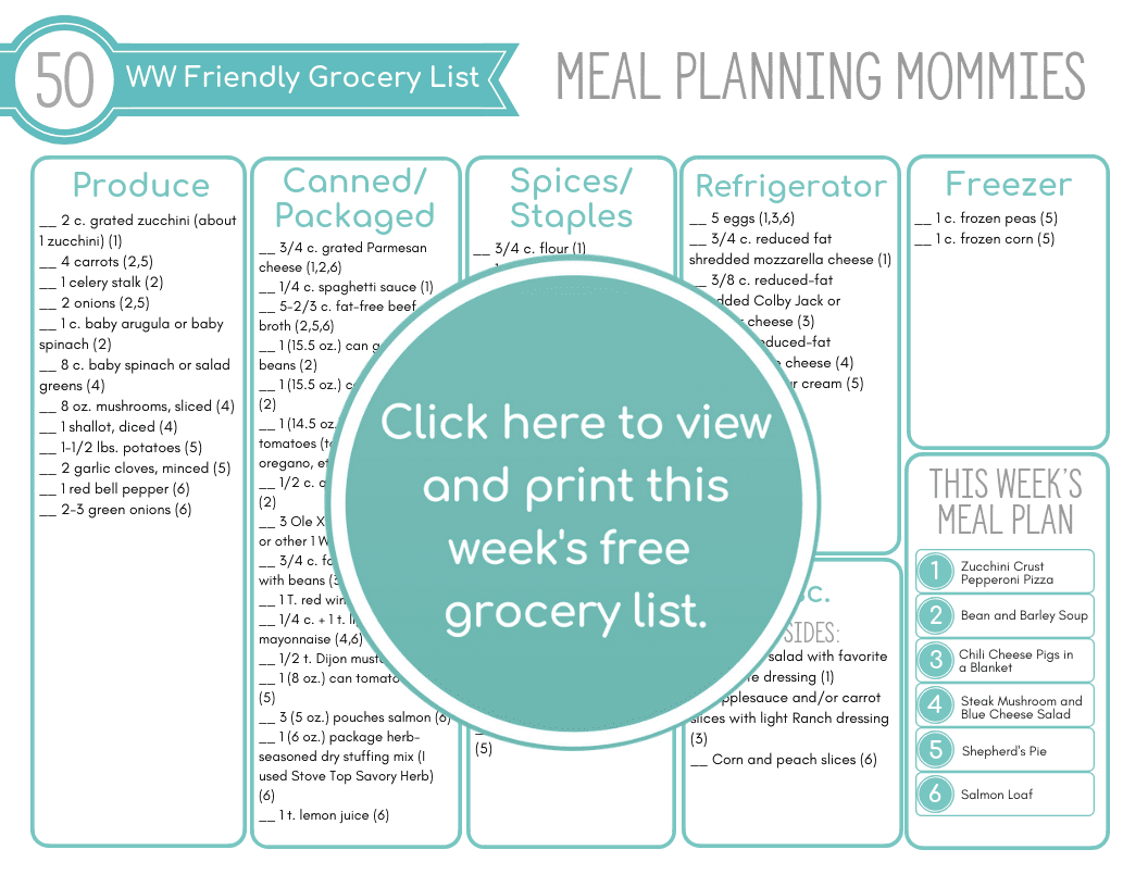 Free printable grocery list for the WW (formerly Weight Watchers) meal plan with FreeStyle SmartPoints on Meal Planning Mommies.