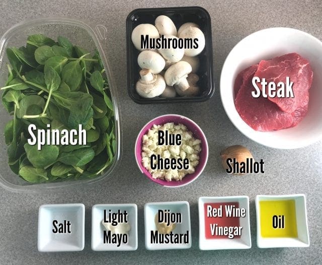Ingredients for a delicious WW friendly Steak Mushroom and Blue Cheese Salad - Just 6 WW FreeStyle SmartPoints per serving!